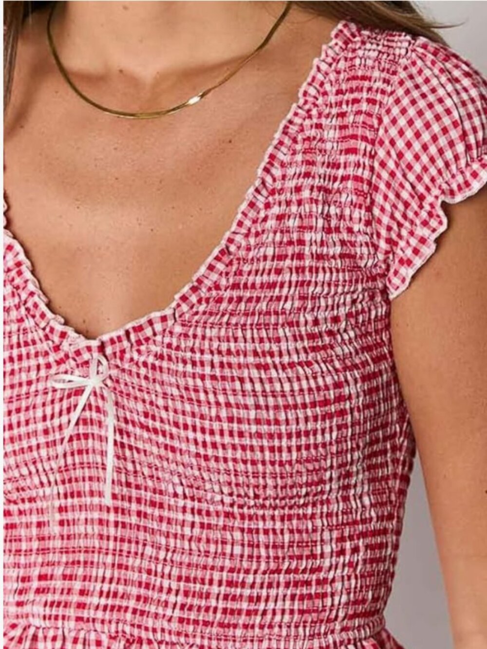 Womens Summer Gingham V Neck Puff Sleeve Smocked Wide Leg Romper Red Small - Picture 5 of 6